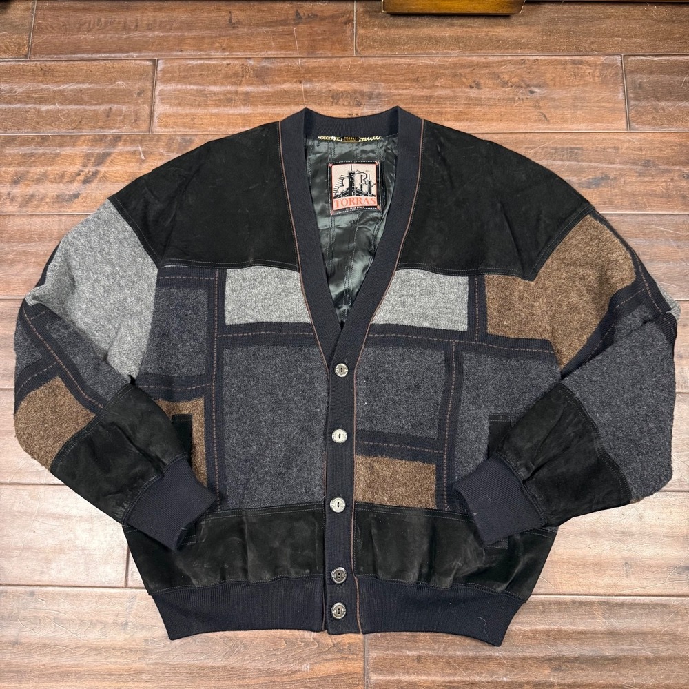 Torras Vintage Cardigan Bomber Suede Wool Spain | Brown Black | Size IT 44 US XS